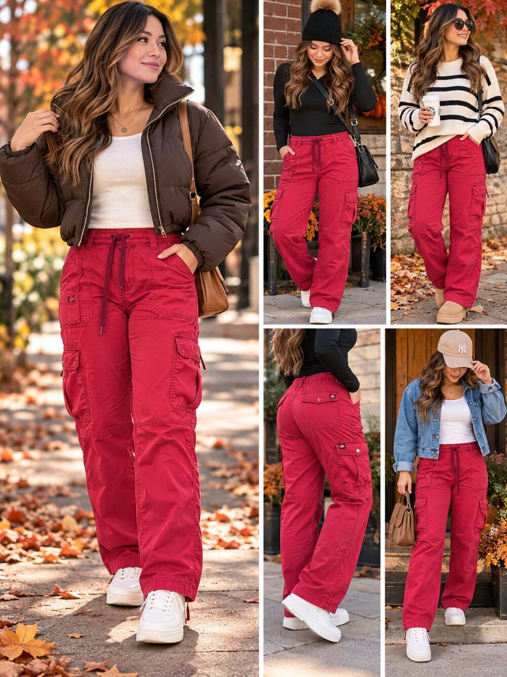 Dickies Cargo Pants Red Cotton Drawstring Multi-Pocket